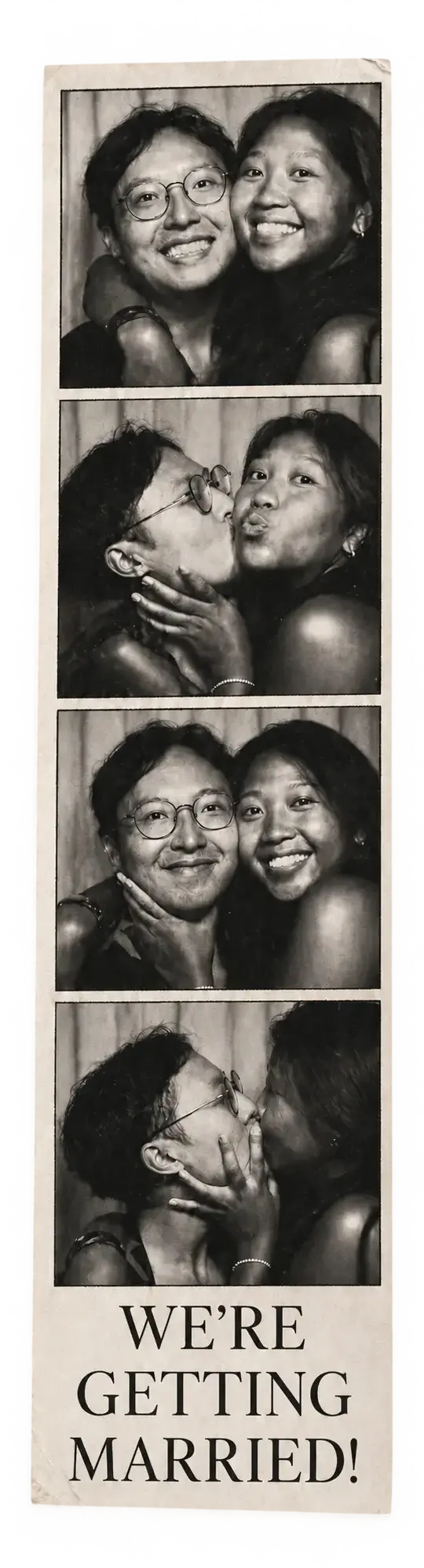 Four black-and-white photobooth portraits of Alec and Shania with the words We’re getting married