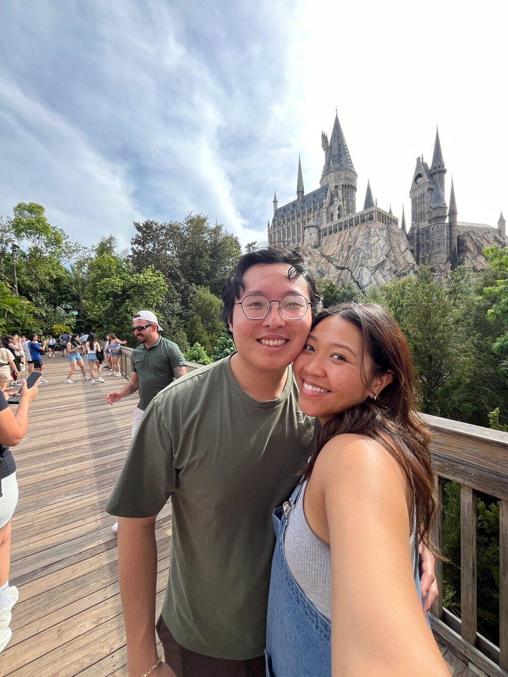 Alec and Shania together in front of a castle